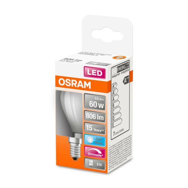 OSRAM LED-dropplampa E14 6,5 W 827 dimbar matt